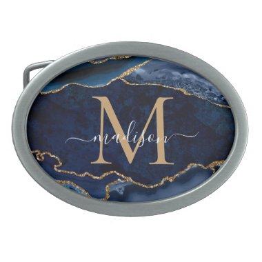 Modern Navy Blue Gold Agate Geode Girly Monogram Belt Buckle