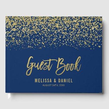 Modern Navy Blue Gold Faux Glitter Wedding Guest Book