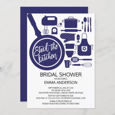 Modern Navy Blue Kitchen Bridal Shower Invitations