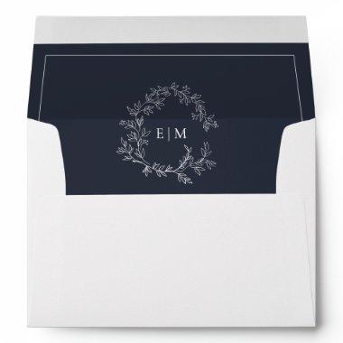 Modern Navy Blue Leafy Crest Monogram Wedding Envelope