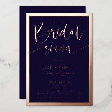 Modern navy blue script trendy bridal shower rose foil Invitations