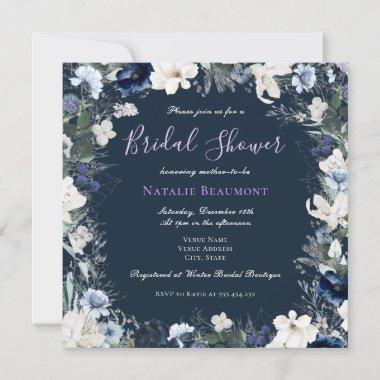 Modern Navy Blue Square Floral Bridal Shower Invitations