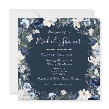 Modern Navy Blue Square Floral Bridal Shower Invitations