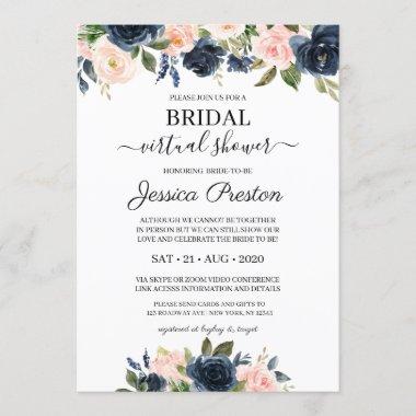 Modern Navy Blush Floral Virtual Bridal Shower Invitations