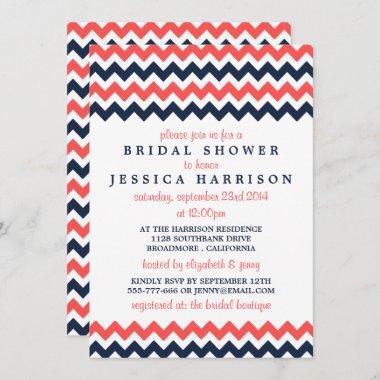 Modern Navy & Coral Chevron Bridal Shower Invitations