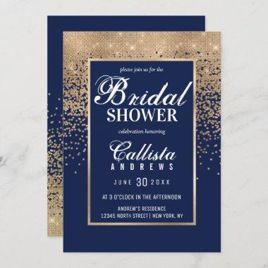 Modern Navy Gold Glitter Confetti Bridal Shower Invitations