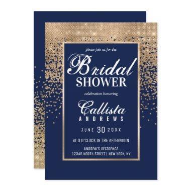 Modern Navy Gold Glitter Confetti Bridal Shower Invitations