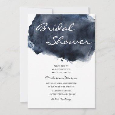 Modern Navy Watercolor Paint Splash Bridal Shower Invitations