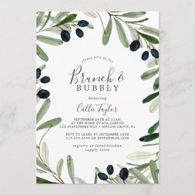 Modern Olive Branch Brunch & Bubbly Bridal Shower Invitations