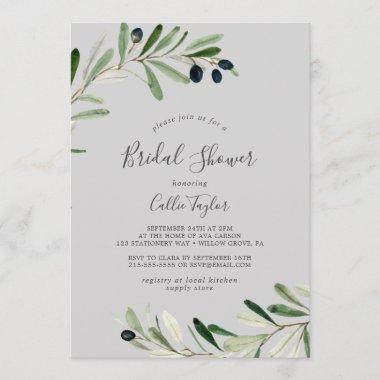 Modern Olive Branch | Gray Bridal Shower Invitations