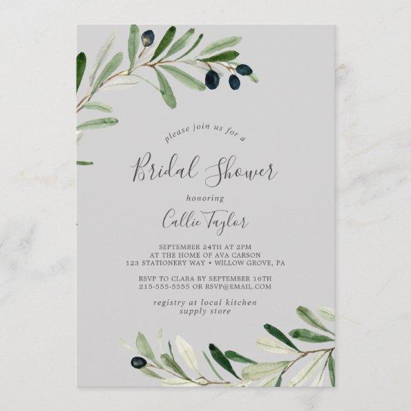 Modern Olive Branch | Gray Bridal Shower Invitations