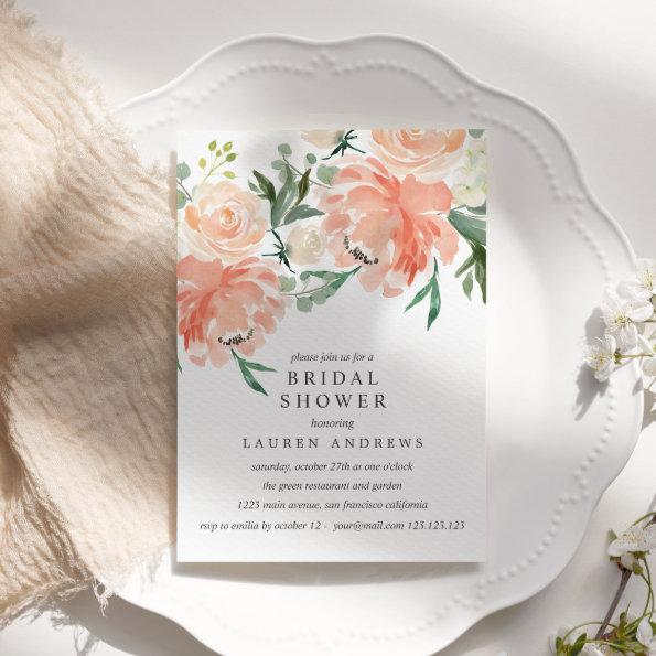 Modern Peach Coral Pink Bouquet Bridal Shower Invitations
