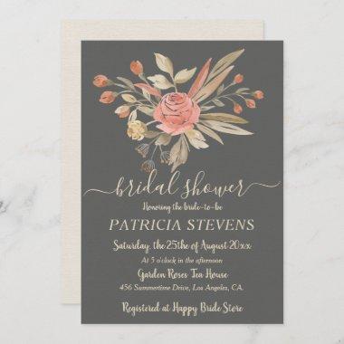 Modern Peach Cream Roses Dark Grey Bridal Shower Invitations