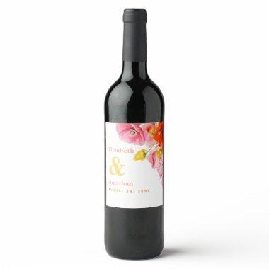 Modern Peach Pink Orange Yellow Poppies Wedding Wine Label