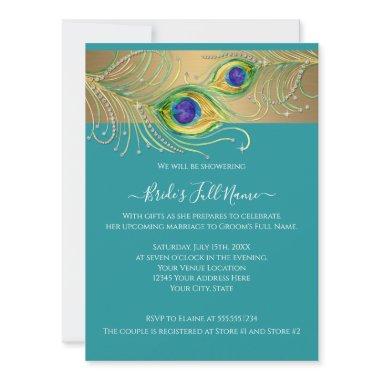 Modern Peacock Feathers Faux Jewel Bridal Shower Invitations