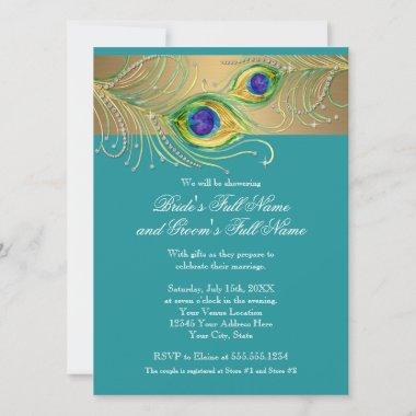 Modern Peacock Feathers Faux Jewel Bridal Shower Invitations