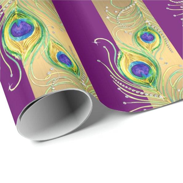 Modern Peacock Feathers Faux Jewel Striped Hearts Wrapping Paper