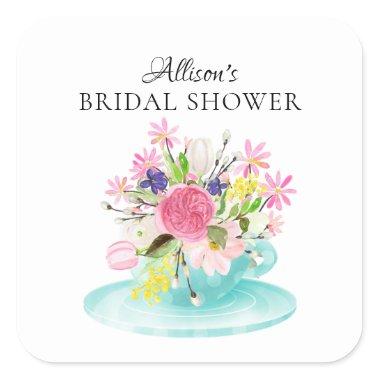 Modern Peony Floral Bridal ShowerTea Square Sticker