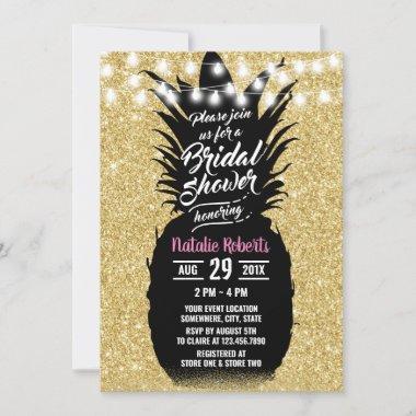 Modern Pineapple Black Gold Luau Bridal Shower Invitations