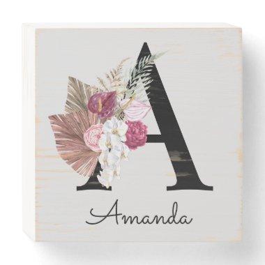 Modern Pink Boho Girly Floral Initial A Wooden Box Sign