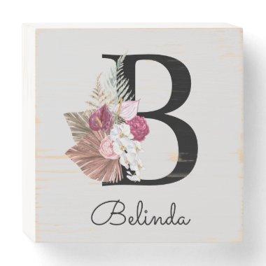 Modern Pink Boho Girly Floral Initial B Wooden Box Sign