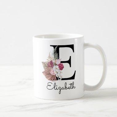 Modern Pink Boho Girly Floral Initial E Coffee Mug