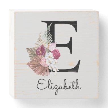 Modern Pink Boho Girly Floral Initial E Wooden Box Sign