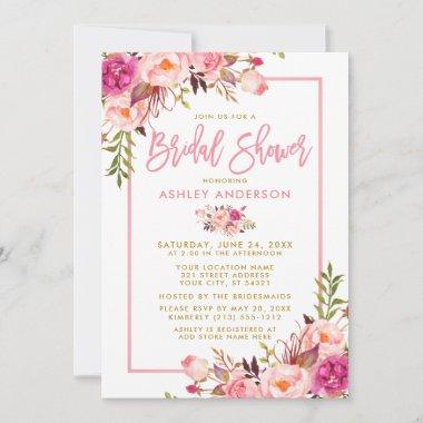 Modern Pink Brush Script Floral Gold Bridal Shower Invitations