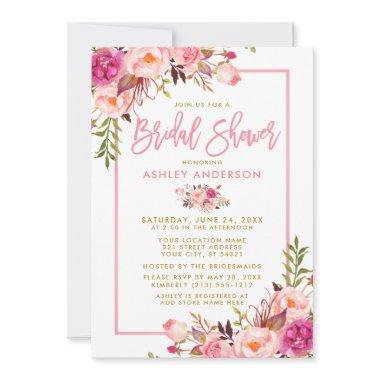 Modern Pink Brush Script Floral Gold Bridal Shower Invitations