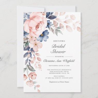 Modern Pink Dusty Blue Floral Bridal Shower Invitations