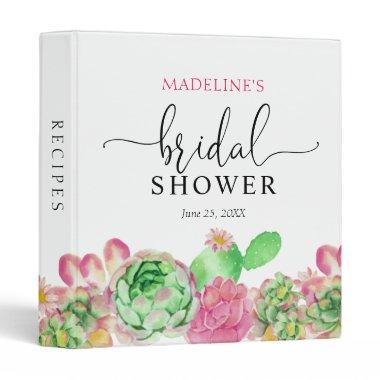Modern Pink Floral Cactus Bridal Shower Recipe 3 Ring Binder