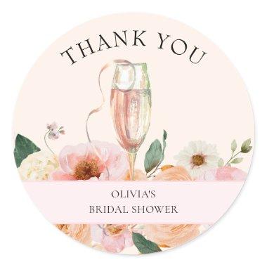 Modern Pink Floral Champagne Bridal Shower Classic Round Sticker