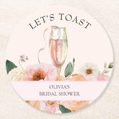 Modern Pink Floral Champagne  Round Paper Coaster