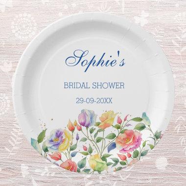 Modern Pink Floral Peach Roses Bridal Shower Paper Plates