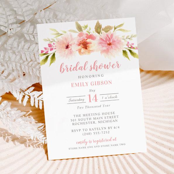 Modern Pink Floral Watercolor Bridal Shower Invitations