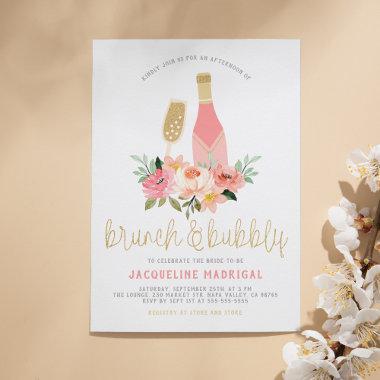 Modern Pink Flowers & Gold Glitter Brunch & Bubbly Invitation PostInvitations