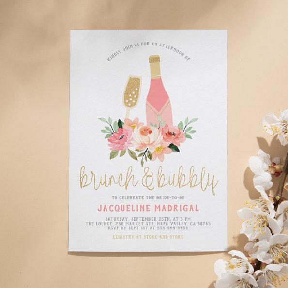 Modern Pink Flowers & Gold Glitter Brunch & Bubbly Invitation PostInvitations