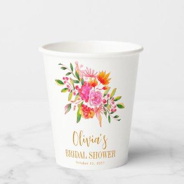 Modern Pink Orange Floral  Custom Paper Cups