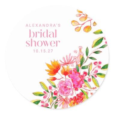Modern Pink Orange Watercolor Floral  Classic Round Sticker