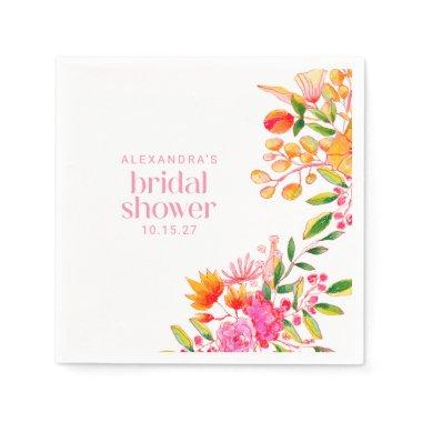 Modern Pink Orange Watercolor Floral Bridal Shower Napkins