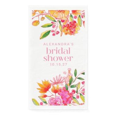 Modern Pink Orange Watercolor Floral Bridal Shower Paper Guest Towels