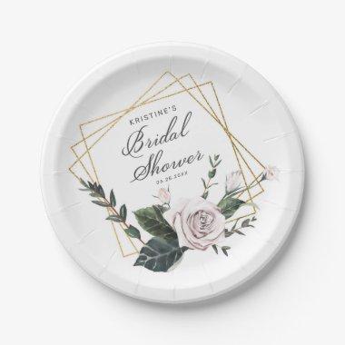 Modern Pink Rose Floral Gold Frame  Paper Plates