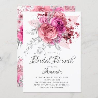 Modern Pink & Silver Floral Bridal Brunch Invitations