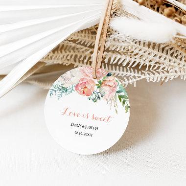 Modern Pink Tropical Floral Love is Sweet Wedding Classic Round Sticker