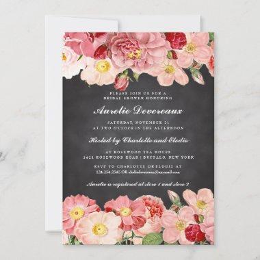 Modern Pink Vintage Roses Chalkboard Bridal Shower Invitations