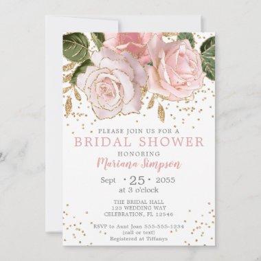 Modern Pink Watercolor Floral Gold Glitter Invitat Invitations