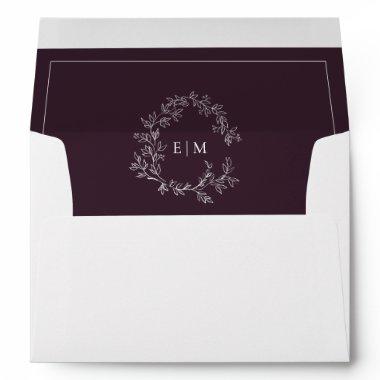 Modern Plum Purple Leafy Crest Monogram Wedding Envelope