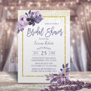 Modern Purple Floral Gold Frame Bridal Shower Invitations