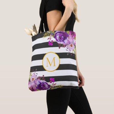 Modern Purple Flower Black White Gold Bridesmaid Tote Bag