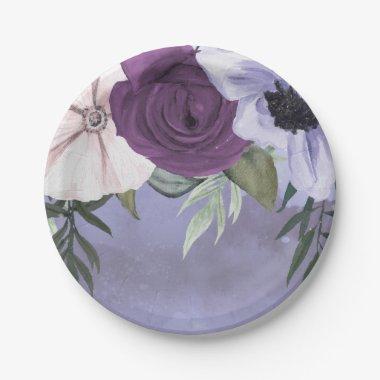 Modern Purple Lavender Floral Watercolor Wedding Paper Plates